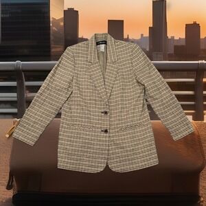 Vintage Sag Harbor Women's Linen Blend Plaid Oversized Blazer Two Button Size 12